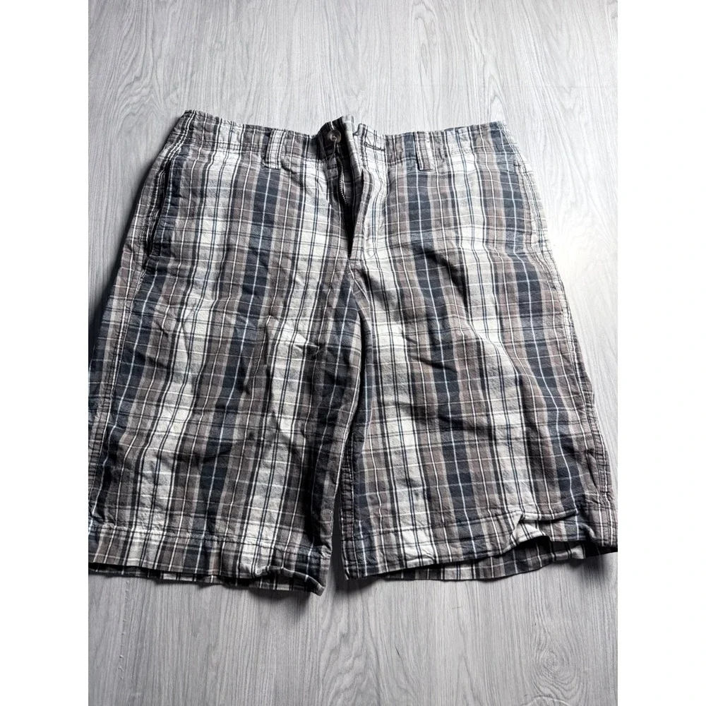 Old‎ Navy Mens Plaid Shorts Grey Blue Cream Cotton Flat Front Size 32